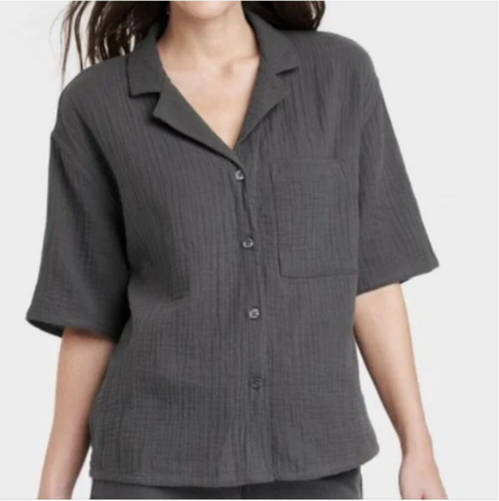 Stars Above Cotton Gauze Button Up Pajama Top Womens Medium Charcoal Gray Lounge